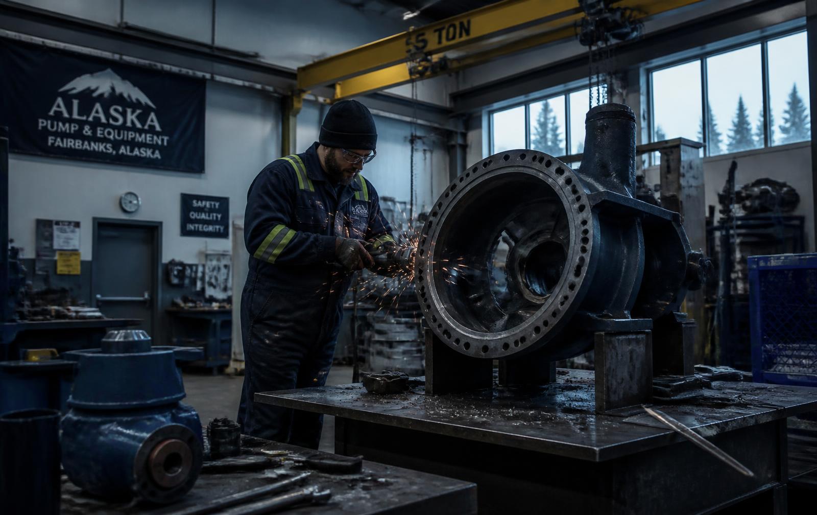 IPA technician working on a disassembled industrial pump casing in the Soldotna repair shop