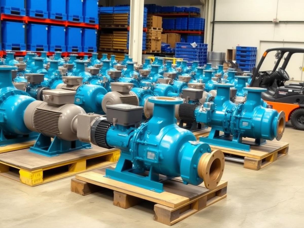 New industrial centrifugal pumps staged on pallets in a warehouse